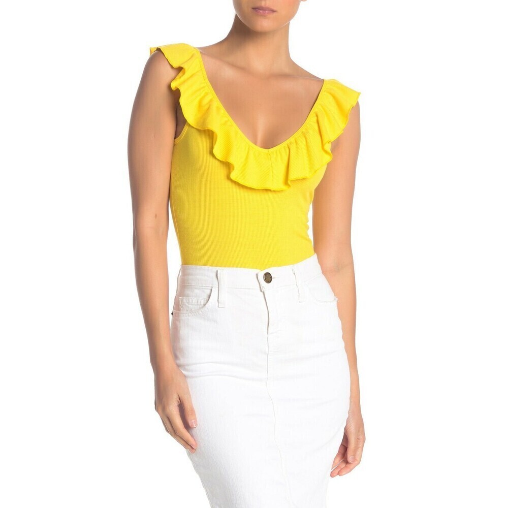 Socialite Ruffled Double V-Neck Sleeveless Bodysuit In Neon Yellow Size S
